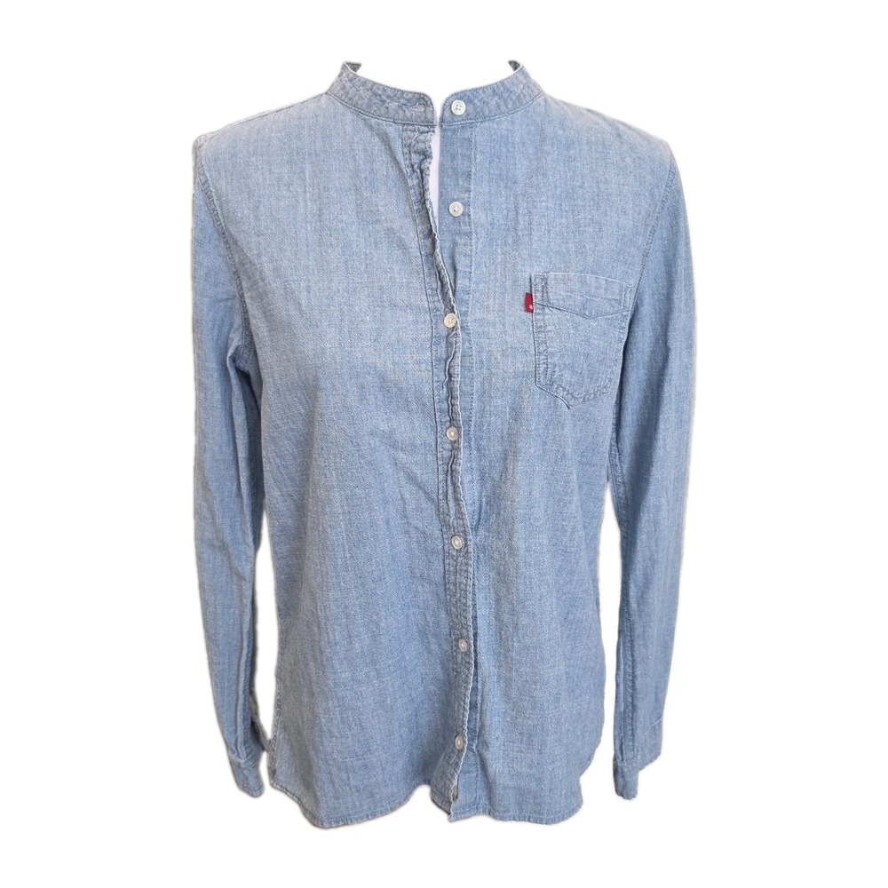 Levi's Blue Chambray Denim Button Down Shirt Women's Medium Band Collar Cowgirl